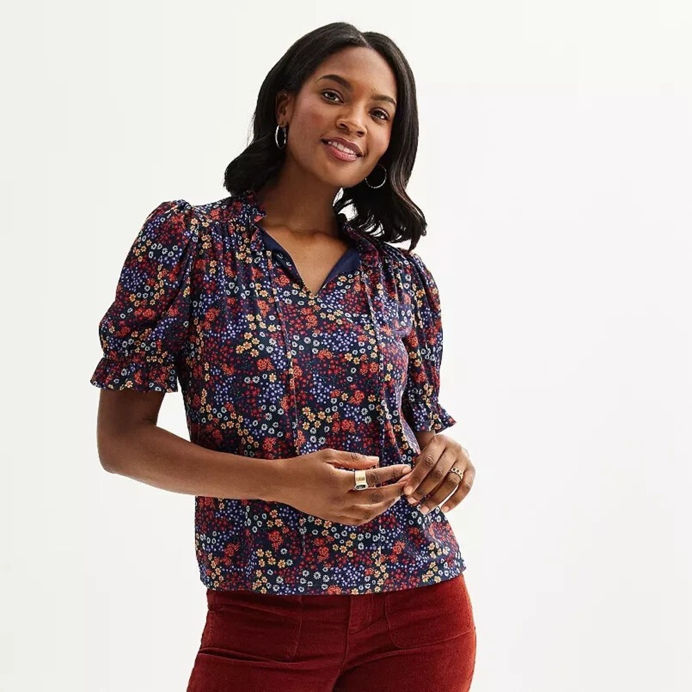 Draper James Womens Popover Tie Front Top Size XXL Micro Floral Femme Girly